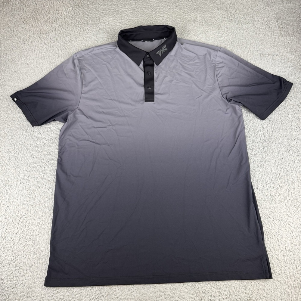 PXG Polo Shirt Mens Large Gray Black Ombre Snap Golf Moisture Wick Outdoor